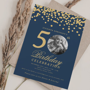Convite Foto Elegante 50º Aniversário Confete Dourado Azul