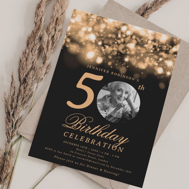 Convite Foto Elegante 50º Aniversário, Dourada Meia-Noite (Elegant Photo 50th Birthday Gold Midnight Glam Invitation)