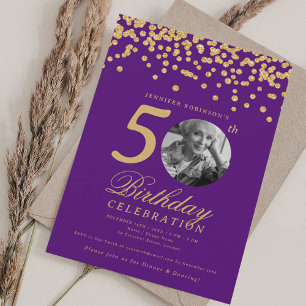 Convite Foto Elegante 50º aniversário Dourado Confetti Pur