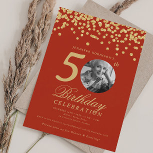 Convite Foto Elegante 50º aniversário Dourado Vermelho Con