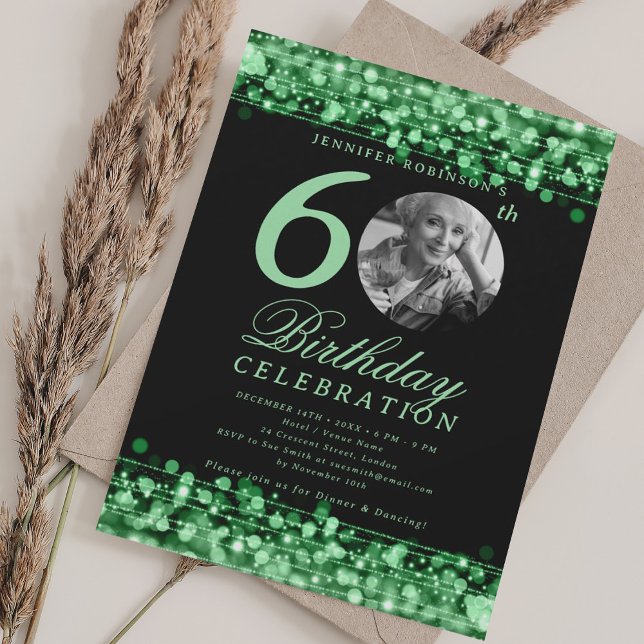 Convite Foto elegante 60ª Luzes verdes da Festa de anivers (Elegant Photo 60th Birthday Party Green Lights Invitation)
