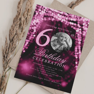 Convite Foto Elegante 60º Aniversário Luzes de Vidro Rosa 