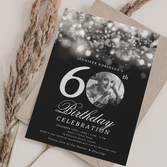 Convite Foto Elegante 60º Aniversário Silver Midnight Glam (Elegant Photo 60th Birthday Silver Midnight Glam Invitation)