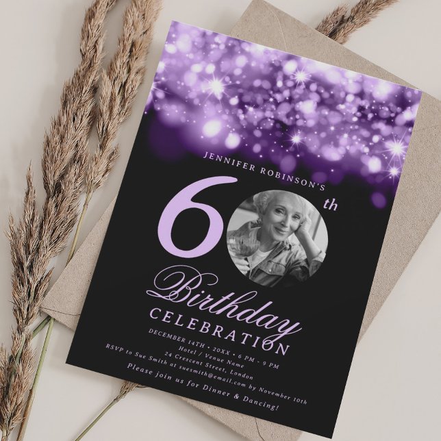 Convite Foto Elegante 60th Birthday Purple Midnight Glam (Elegant Photo 60th Birthday Purple Midnight Glam Invitation)