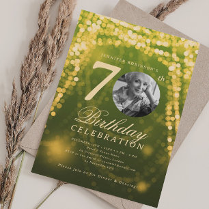 Convite Foto Elegante 70 Birthday Dourada Luzes de Vidro V