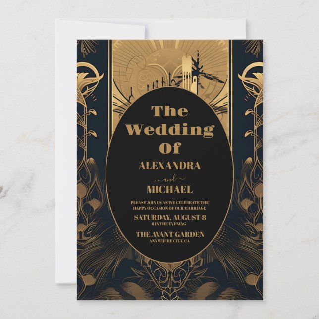 Convite Foto Elegante Art Deco Peacocks Casamento (Frente)