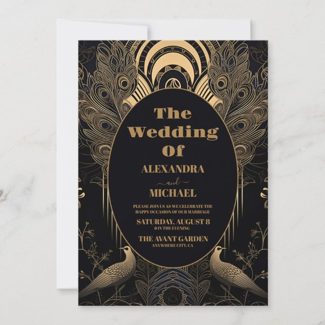 Convite Foto Elegante Art Deco Peacocks Casamento (Frente)