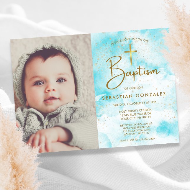 Convite Foto Elegante Blue Watercolor Dourado Baptism (Criador carregado)