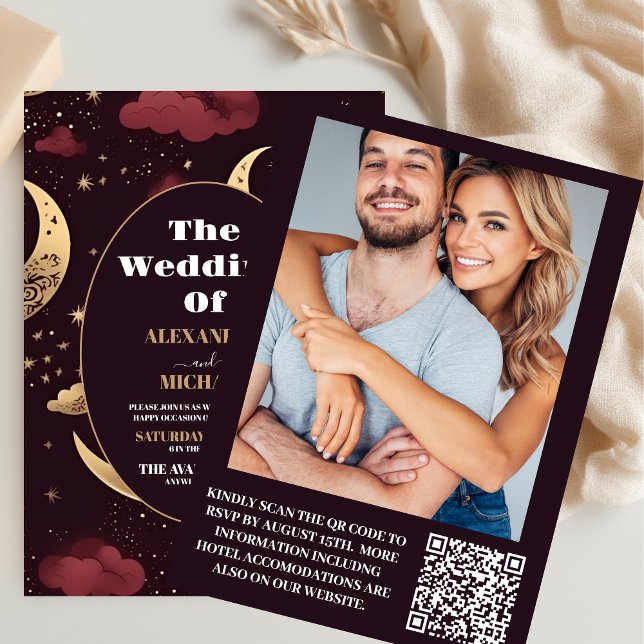 Convite Foto Elegante Burgundy Dourada Casamento Celestial (Criador carregado)
