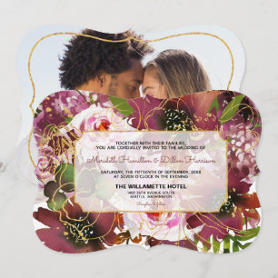 Convite Foto Elegante Burgundy Dourado Rosa Floral Casamen