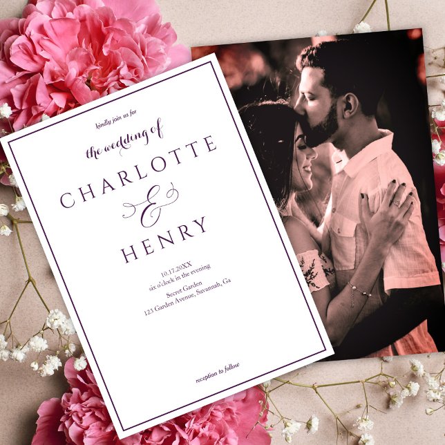 Convite Foto Elegante Callighraphy Script Purple Casamento (Criador carregado)