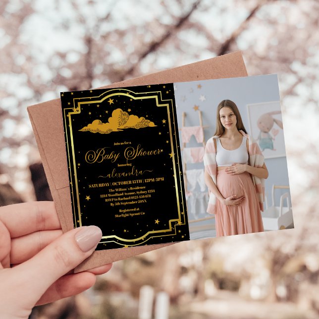 Convite Foto Elegante Chá de fraldas Dourado Celestial Pre (Criador carregado)