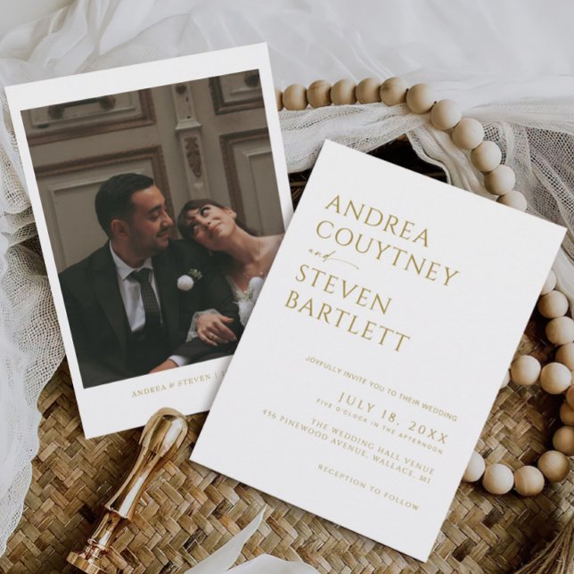 Convite Foto Elegante Champanhe Branco Boho Casamento Neut (Criador carregado)