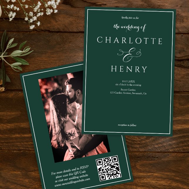 Convite Foto Elegante Código QR Verde e Casamento RSVP (Criador carregado)