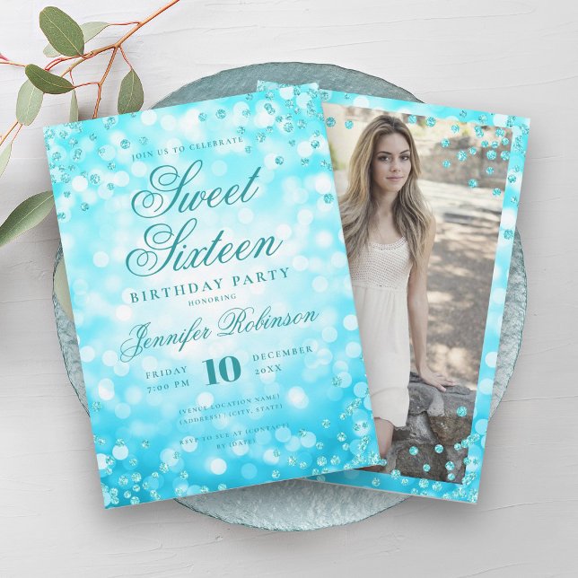 Convite Foto elegante das luzes de turquesa doce 16 (Elegant Turquoise Glam Lights Photo Sweet 16 Invitation)