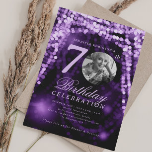 Convite Foto Elegante de 70º Aniversário Luzes Roxas Glam
