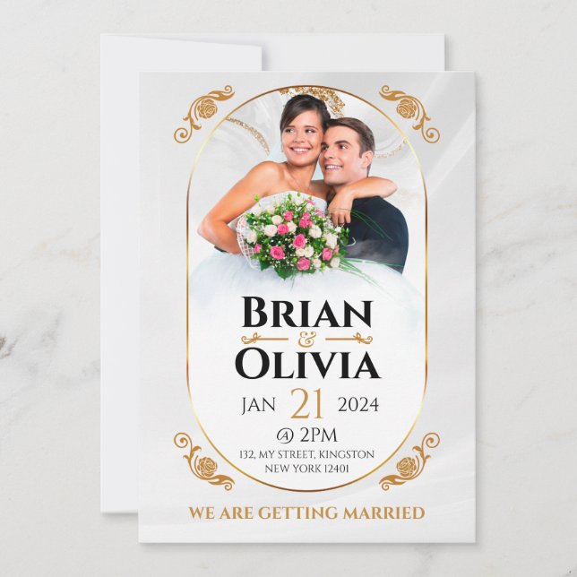 Convite Foto Elegante de Casamento Branco e Dourado Minima (Frente)