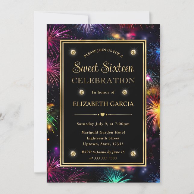Convite Foto elegante do Rainbow Fireworks Sweet Dezesseis (Frente)