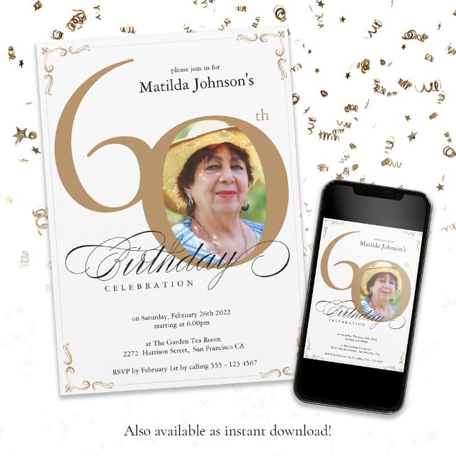 Convite Foto Elegante Dourada de Caligrafia Branca 60º Ani (Elegant Gold White Calligraphy Photo 60th Birthday Invitation)