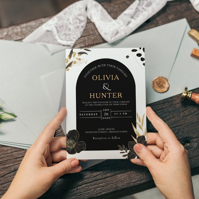 Convite Foto Elegante Mínima Floral Branca e Preta Moderna (Modern Black & White Floral minimal Elegant Photo Invitation)