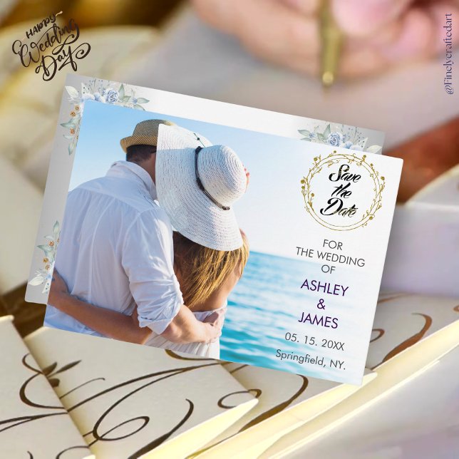 Convite Foto Elegante Moderna Salva a Data Dourada Floral (Criador carregado)