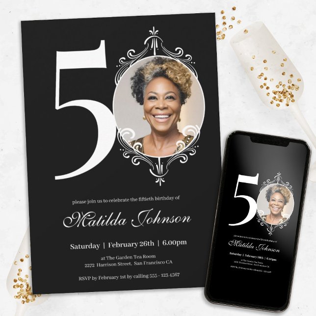 Convite Foto Elegante Preto Branco 50º Aniversário (Chic 50th Birthday Black White Simple Custom Photo Invitation)