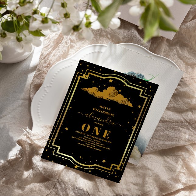 Convite Foto Elegante primeiro aniversario Dourado Celesti (Criador carregado)