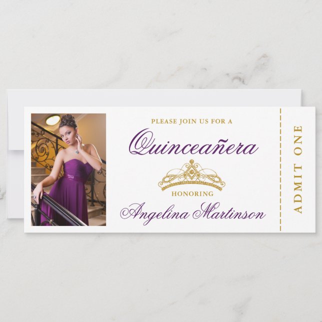 Convite Foto Elegante Quinceanera Roxo e Bilhete Dourado (Frente)