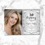 Convite Foto Elegante Silver 50º Aniversário<br><div class="desc">Elegante convite de 50 anos femininos com sua foto. Design com falso brilho de prata. Apresenta faixas, fonte de script e confetti. Perfeito para uma festa de comemoração de na moda adulto. Personalize com seus próprios detalhes. Pode ser personalizado para qualquer idade! Impressos convites Zazzle ou modelo de impressão digital...</div>