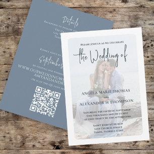Convite Foto Elegante Simples Código QR Dusty Blue RSVP