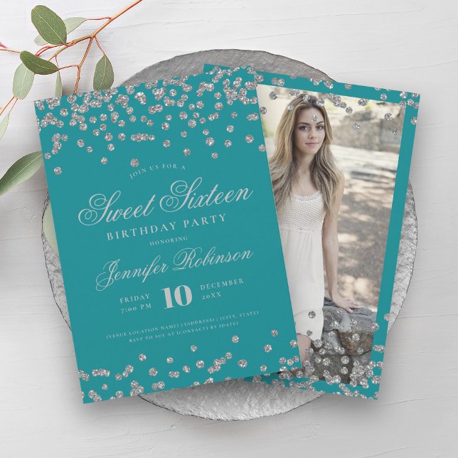 Convite Foto elegante Turquoise Confetti Foto Sweet 16 (Elegant Silver Turquoise Confetti Photo Sweet 16 Invitation)