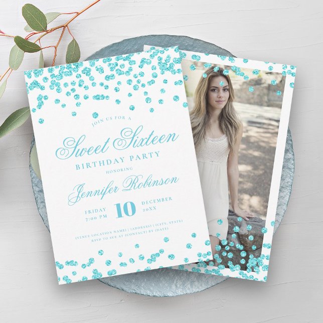 Convite Foto Elegante Turquoise Confetti Sweet 16 (Elegant Turquoise Confetti Photo Sweet 16 Invitation)