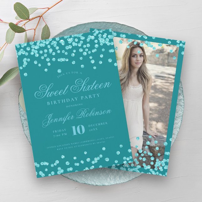 Convite Foto Elegante Turquoise Confetti Sweet 16 (Elegant Turquoise Confetti Photo Sweet 16 Invitation)