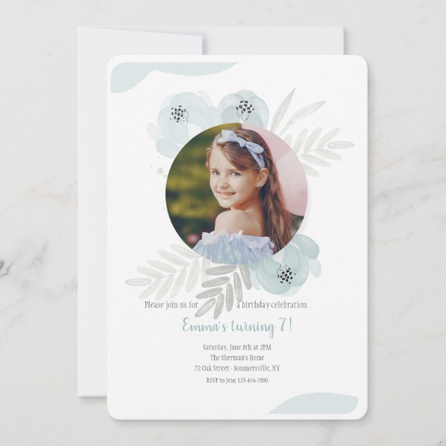 Convite Foto em Aquarela Azul Empoeirada (Frente)