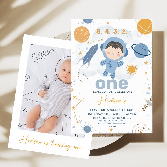 Convite Foto em branco primeira viagem em torno do primeir (Cute Blue Orange First trip Around the Sun 1st Birthday Invitation Boy Photo, Outer Space Invite)