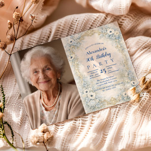 Convite Foto em Moldura Barroca Floral Azul para Aniversár