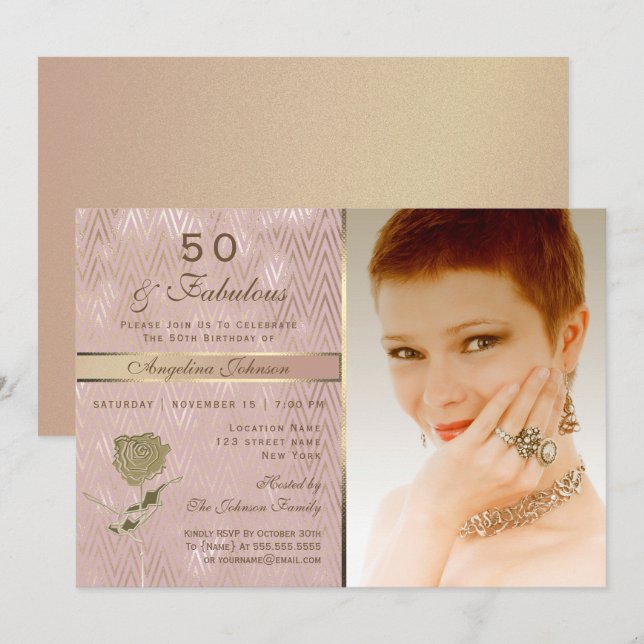 Convite Foto em Rosa Dourado para 50º Aniversário (Frente/Verso)