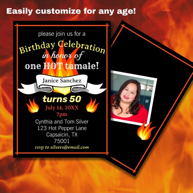 Convite Foto engraçada de 50º aniversário "Tamale quente" (Spice up a 50th birthday with this fun, sassy Hot Tamale birthday party invitation!)