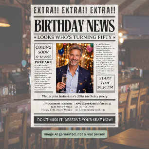 Convite Foto engraçada de homem no jornal de aniversário d