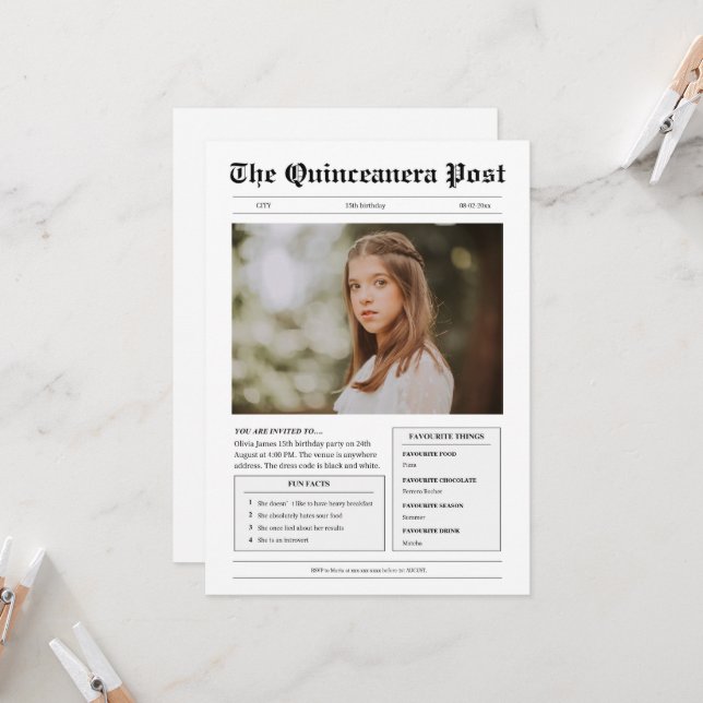 Convite Foto engraçada do jornal preto e branco Quinceaner (Frente/Verso In Situ)