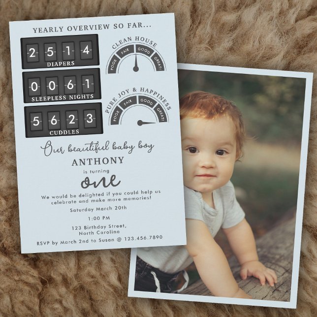 Convite Foto engraçada do primeiro aniversário do bebê men (Funny First Birthday Baby Boy Cute Stats Photo Invitation)