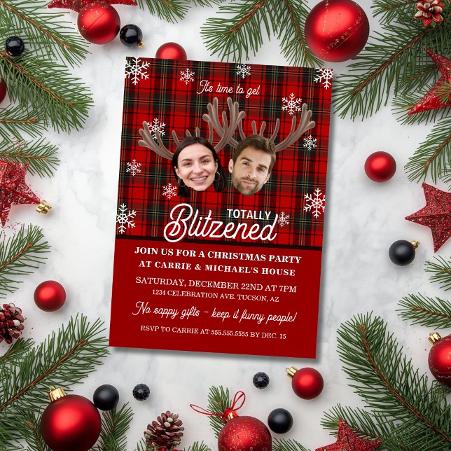 Convite Foto Engraçada Rosto Blitzenado Festa de Natal (Funny cocktail or office party invitation with two faces, antlers for totally blitzened invitation)