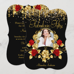 Convite Foto Fabuloso 50 Festa Rosas Vermelhas Brilho Dour