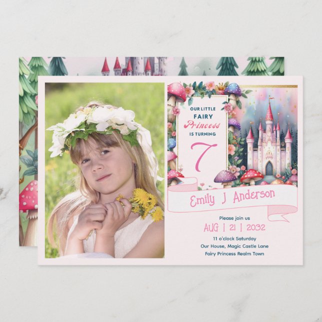 Convite FOTO Fada Princesa Festa de aniversário Rosa Fairc (Frente/Verso)