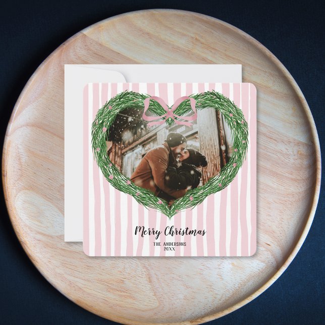 Convite Foto Feliz De Natal Do Coração De Mão (heart shaped christmas wreath with a pink bow
)