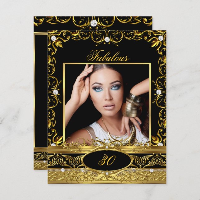 Convite Foto Festa de aniversário Floral Dourada Fabulosa (Frente/Verso)