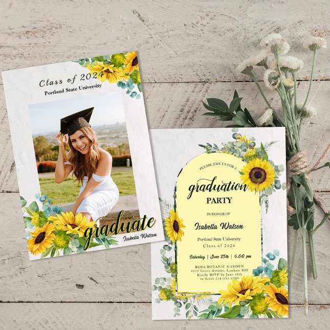 Convite Foto: Festa de formatura de Script Sunflower (Photo Sunflower Script Graduation Party Invitation)