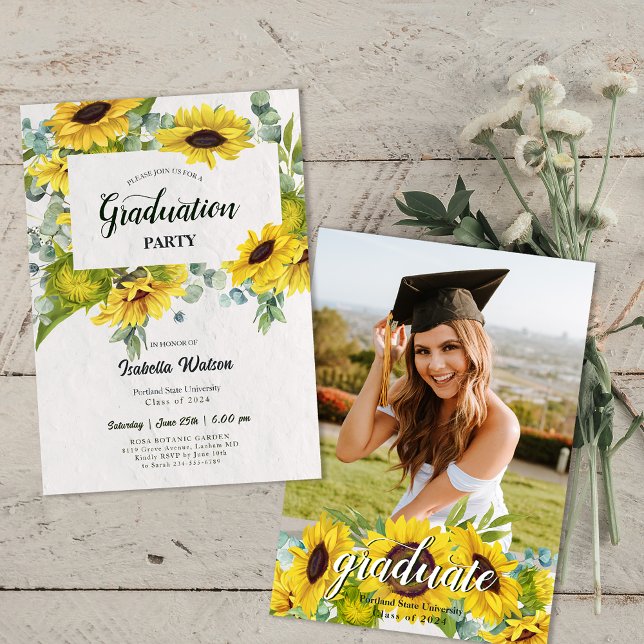 Convite Foto: Festa de formatura de Script Sunflower (Photo Sunflower Script Graduation Party Invitation)