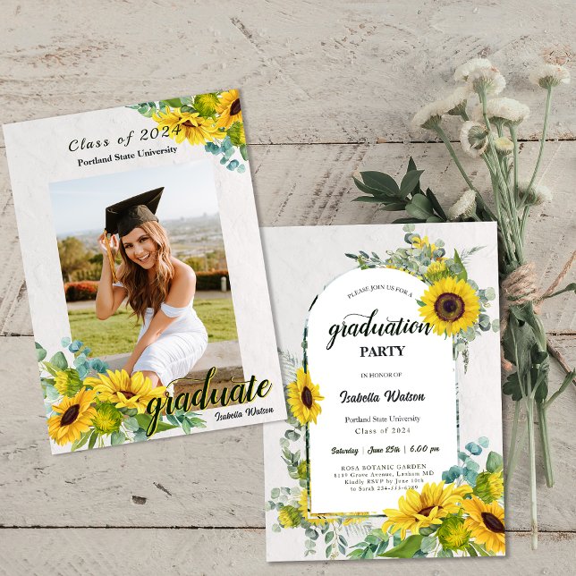 Convite Foto: Festa de formatura de Script Sunflower (Photo Sunflower Script Graduation Party Invitation)