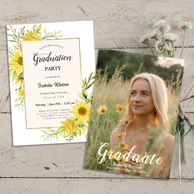 Convite Foto: Festa de formatura de Script Sunflower (Photo Sunflower Script Graduation Party Invitation)